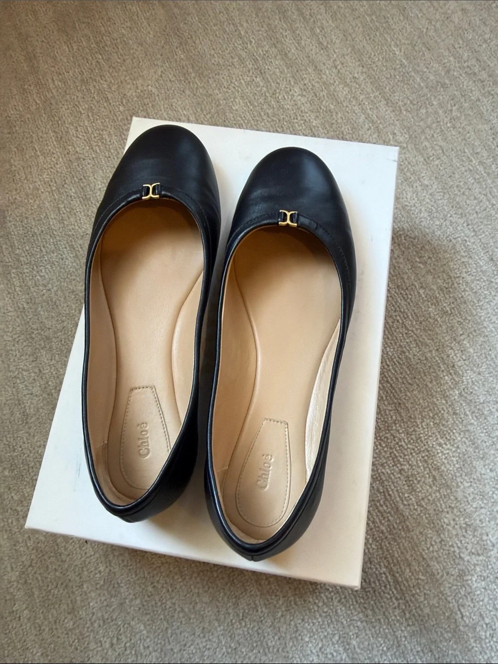 Chloe Black Leather Ballet Flats - Gold Accent